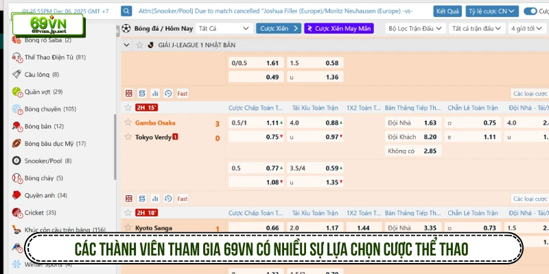 Các thành viên tham gia 69VN có nhiều sự lựa chọn cược thể thao 