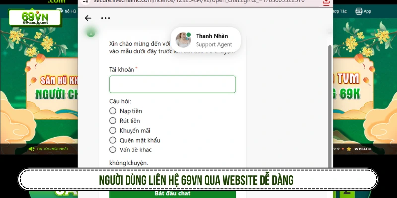 Người dùng liên hệ 69VN qua website dễ dàng 